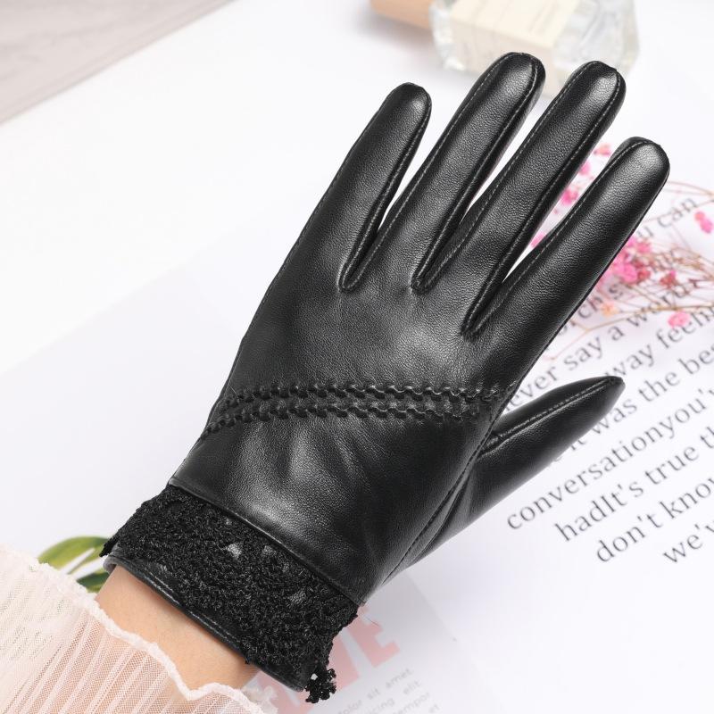 

Женские кожаные осенние и зимние бархатные перчатки с подкладкой, теплые перчатки с кружевом и бантом для сенсорного экрана