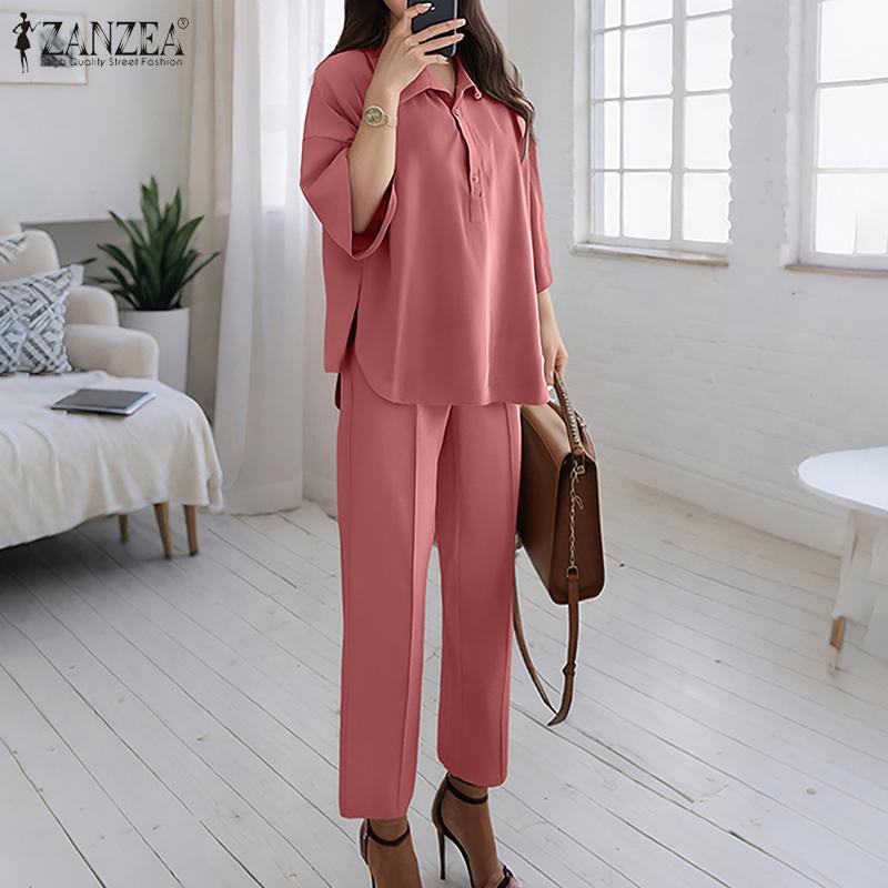 ZANZEA Women 3/4 Sleeve Blouse and Pants Casual Two Piece Suit Sets