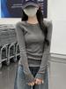Women's Slim Fit Pure Cotton White Long-Sleeve T-Shirt, Round Neck, Regular Shoulder, Versatile Base Layer for Spring, Autumn, or Winter