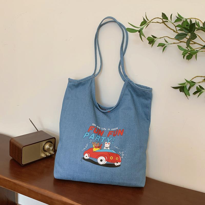 

Студенты колледжа едут на учебу, вместительная сумка-тоут, женская новая джинсовая сумка с рисунком 2024 года, переносная сумка через плечо светло-синий