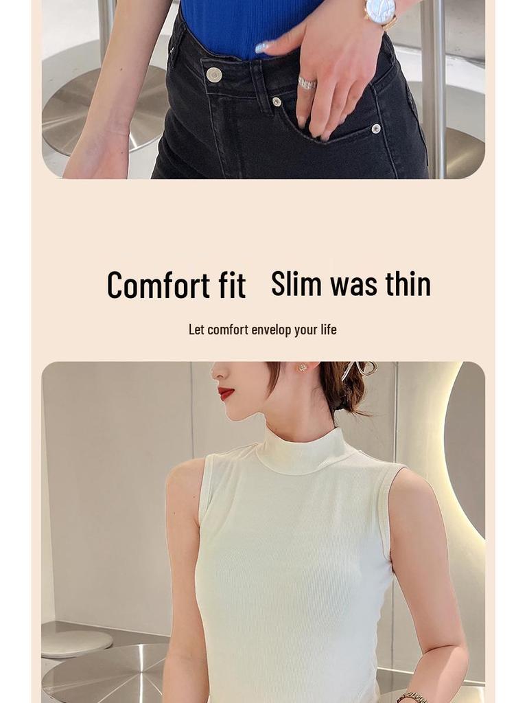 Women's Sleeveless Semi-High Neck Slim Cotton Vest - Solid Color Summer Top
