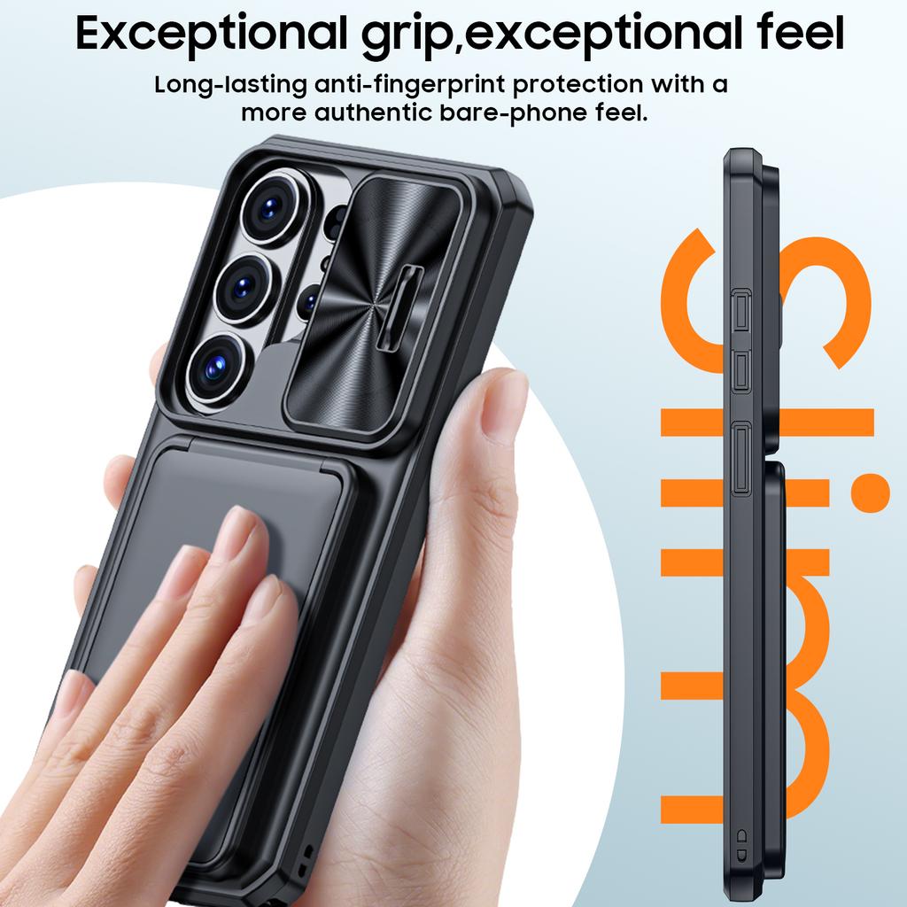 With Card Holder Sliding Camera Cover And Stand For Samsung Galaxy S26 Ultra Phone Case, Anti-Fall PC+TPU Wallet Case-Black