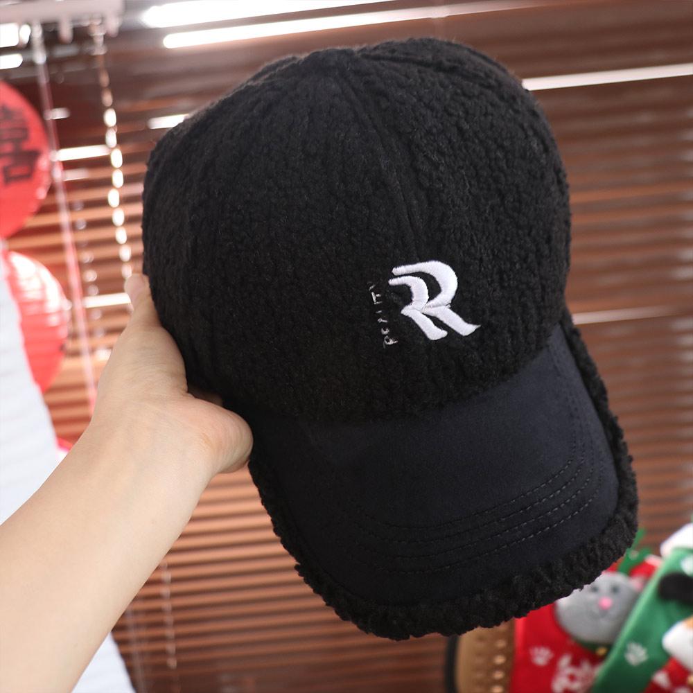 Letters Winter Baseball Cap Double R Plush Peaked Cap Simple Lamb Wool Hat  Sports