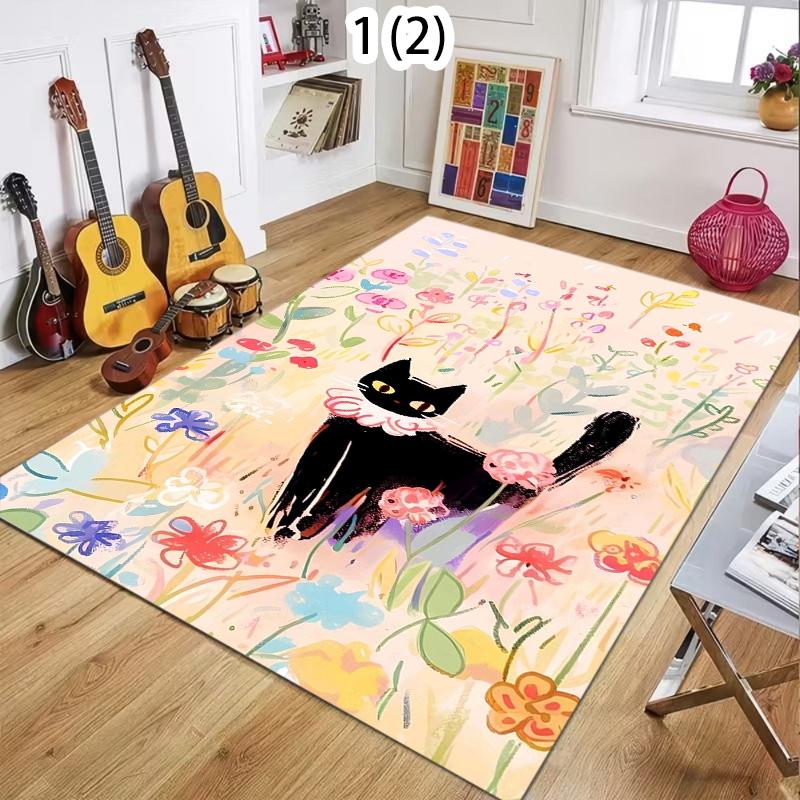 Black Cat & Flower Area Rug Non-Slip Washable Floor Mat with Watercolor Print Kids Themed Carpet for Bedroom Nursery Playroom