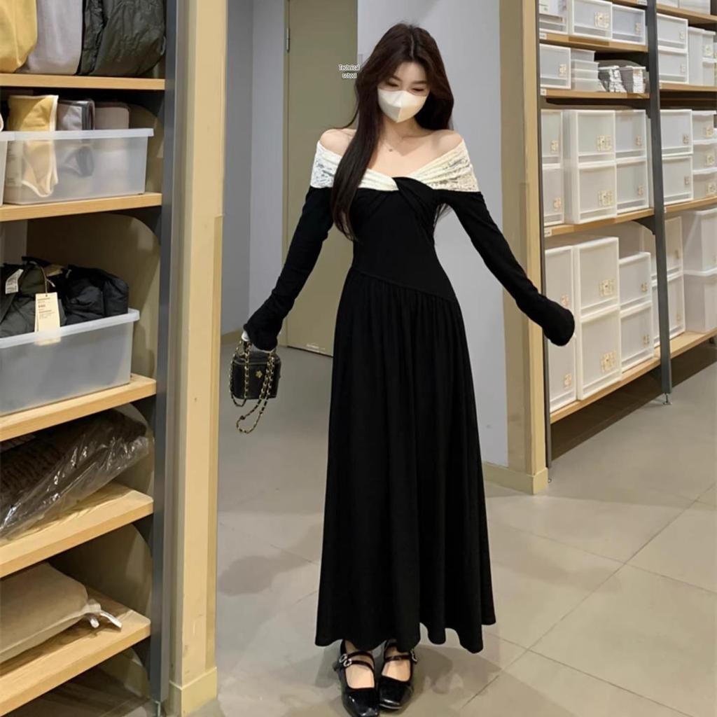 French Style Lace V-Neck Knot Dress: Contrasting Colors, Two-Wear A-Line Skirt for a Chic Autumn/Winter Look