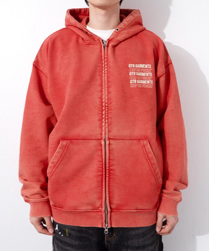 Qt8 Garments Oc Slogan Washed Zip-Up Hoodie (Red)