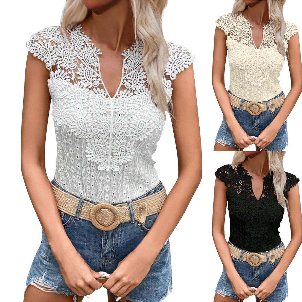 Stylish And Sexy Women's New V-neck Hollow Lace Solid Color Splicing Pullover Sleeveless T-shirt