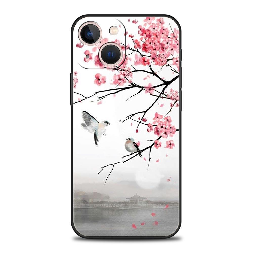 Luxus Handyhülle Für Apple iPhone 11 15 14 Pro MAX 12 13 7 8 Plus X XR XS MAX SE Silikon Schwarze Hülle Funda Kirschblütenbaum