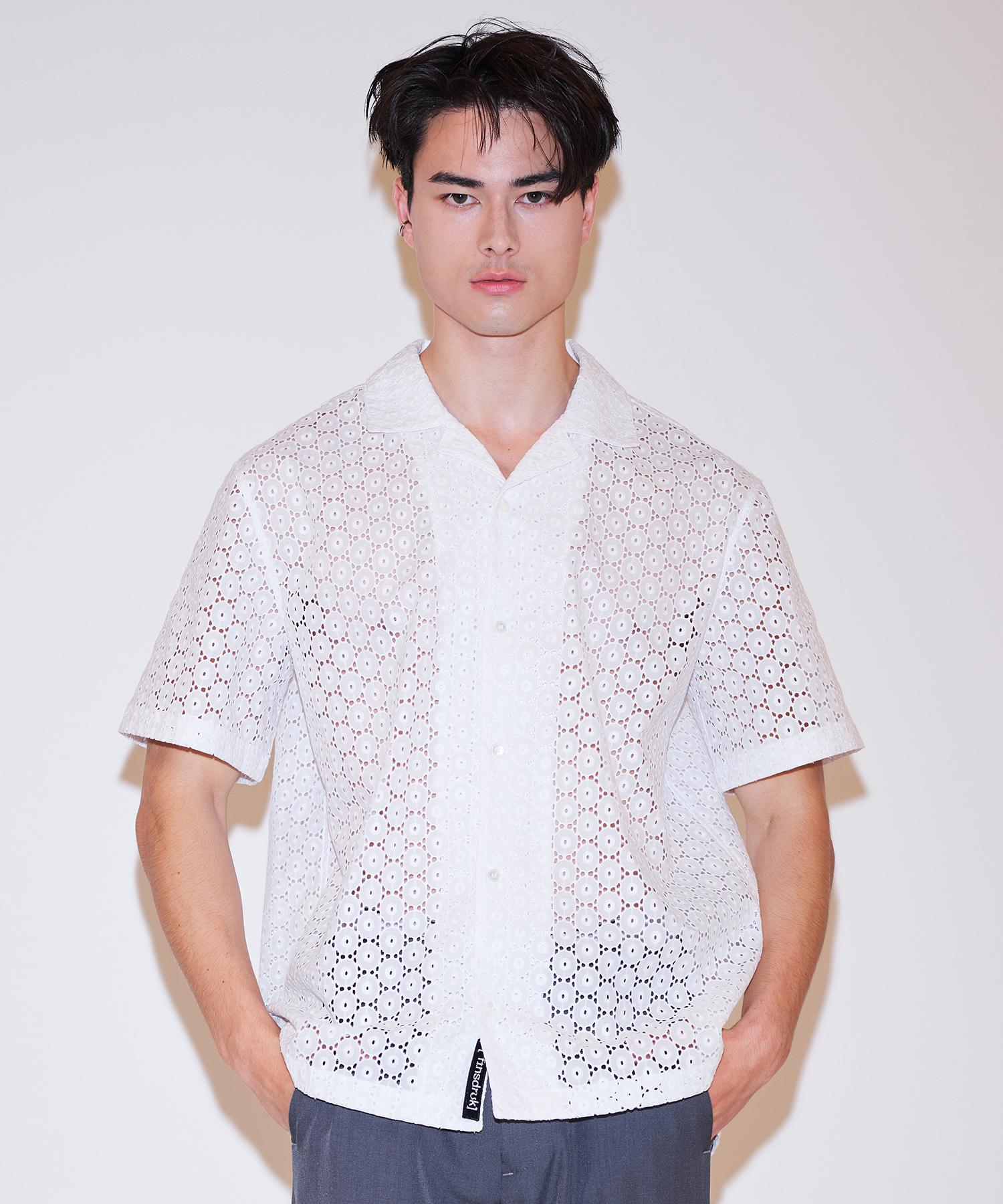 Pinned Look Multi Hole Lace Open Collar Shirts(White) White/L