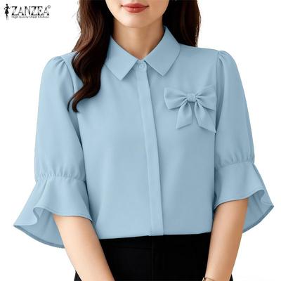 Women Casual Turn Down Collar Solid Color Half Sleeve Blouse