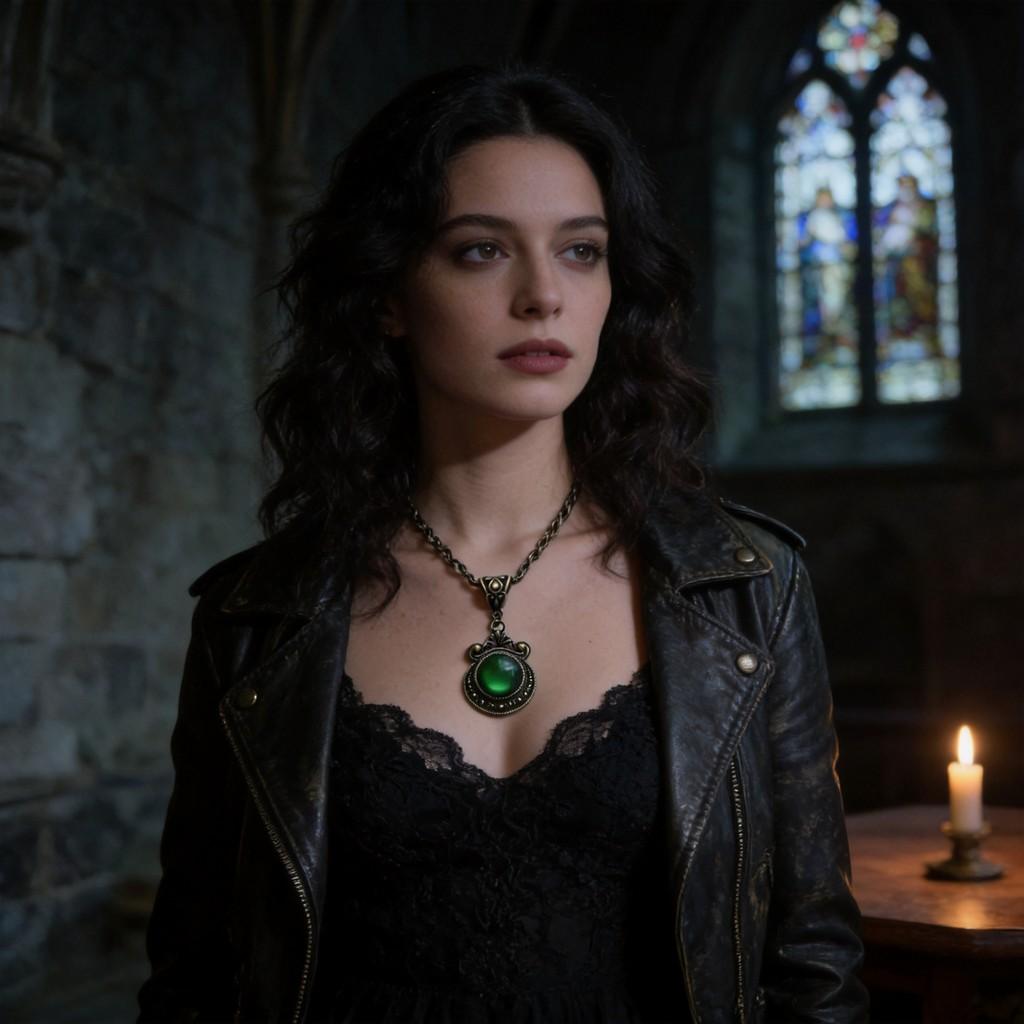Geometric Gothic Bronze Green Stone Pendant Necklace With Cross Chain For Women