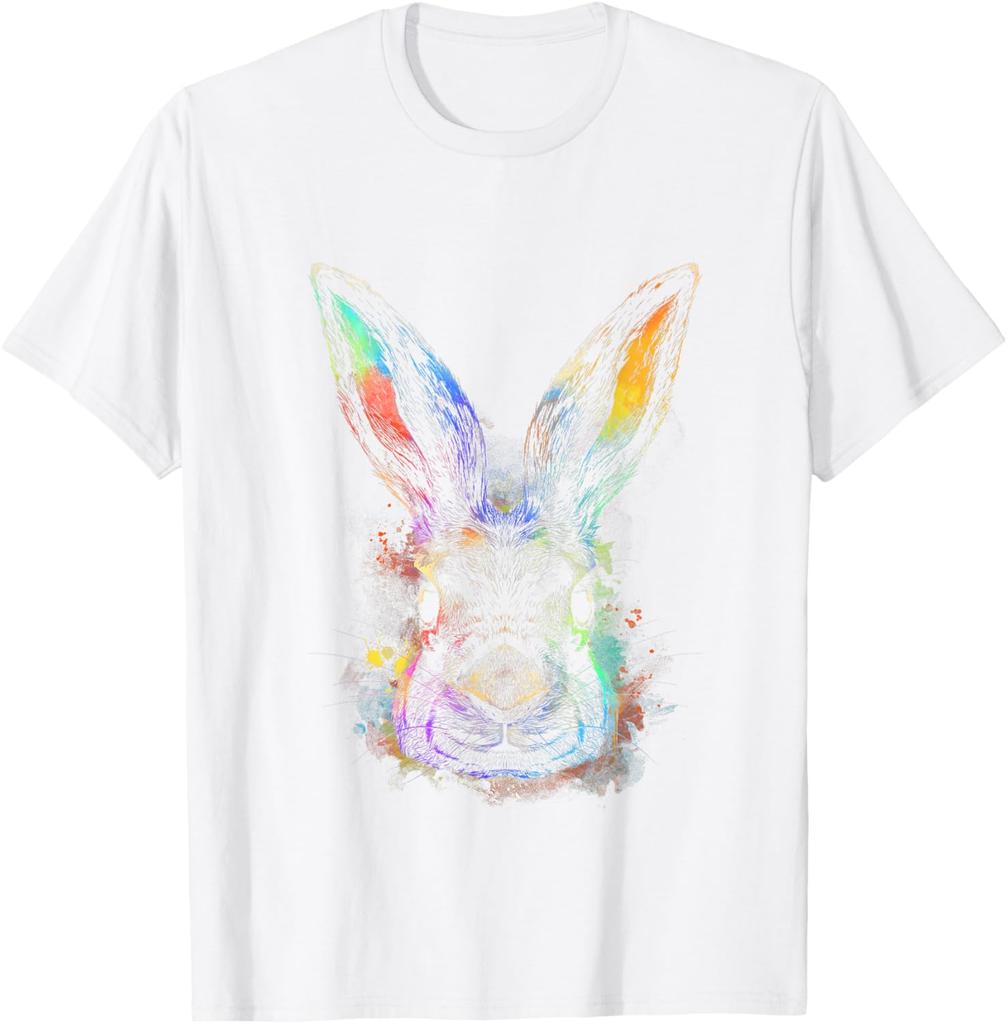 Colorful Rainbow Watercolor Rabbit Graphic Tee Men Casual Crew Neck Daily T-Shirt Easter