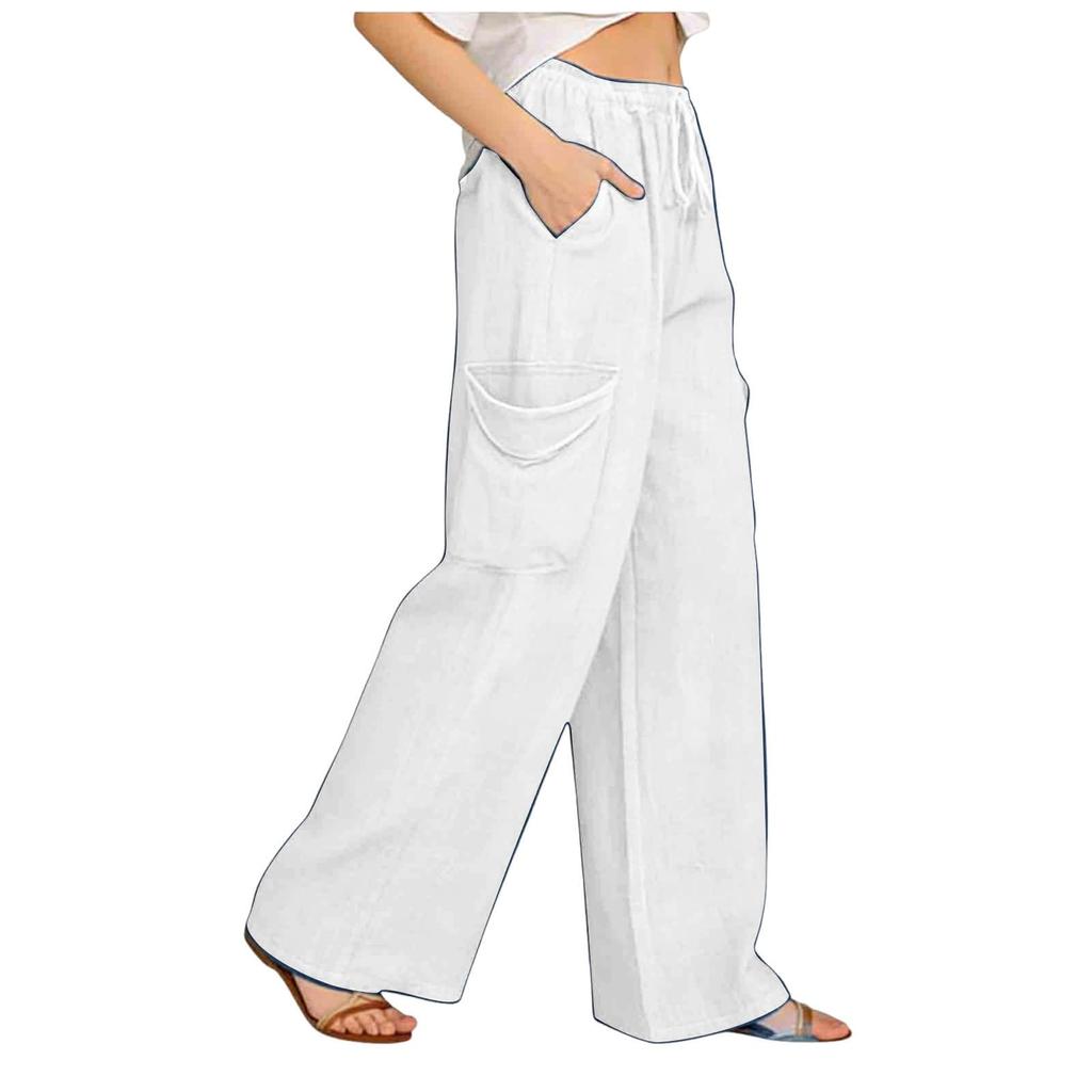 Damen Elastische Hose mit Hohem Bund Lässige Passform Weites Bein Lange Hose Hose mit Taschen