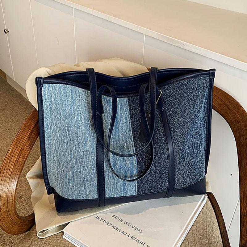 

Сумка большой вместимости женская осенне-зимняя универсальная новая повседневная на плечо для покупок контрастного цвета сумка-тоут для поездок на работу синий