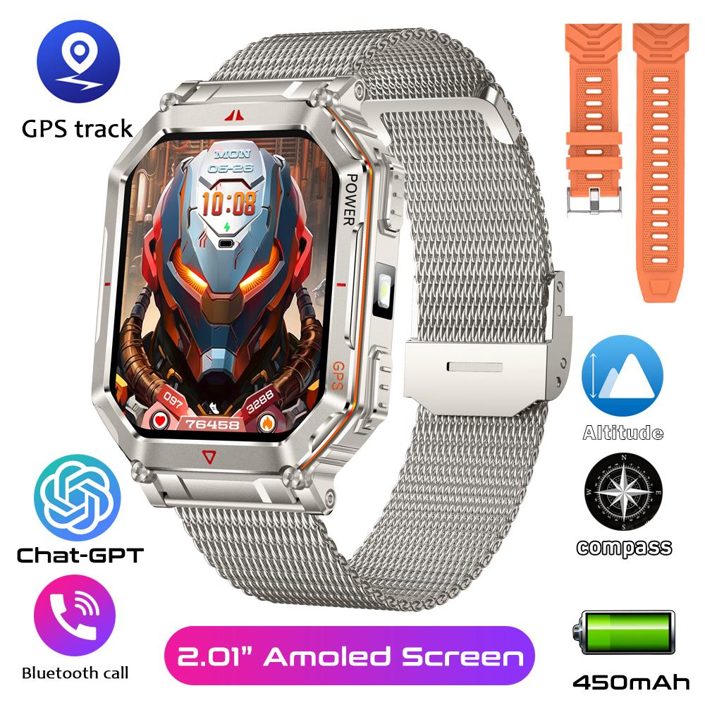 Military Smart Watch for Men with GPS Compass GPT Voice Assistant Smartwatch with LED Flashlight Bluetooth Call Fitness Tracker for Android & iOS