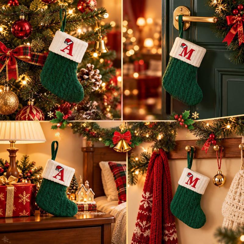1 Stück Monogramm Gestrickte Socken Grün A-Z Buchstabe Hängende Weihnachtsstrümpfe Kamin Weihnachtsbaum Hängend Party Dekoration