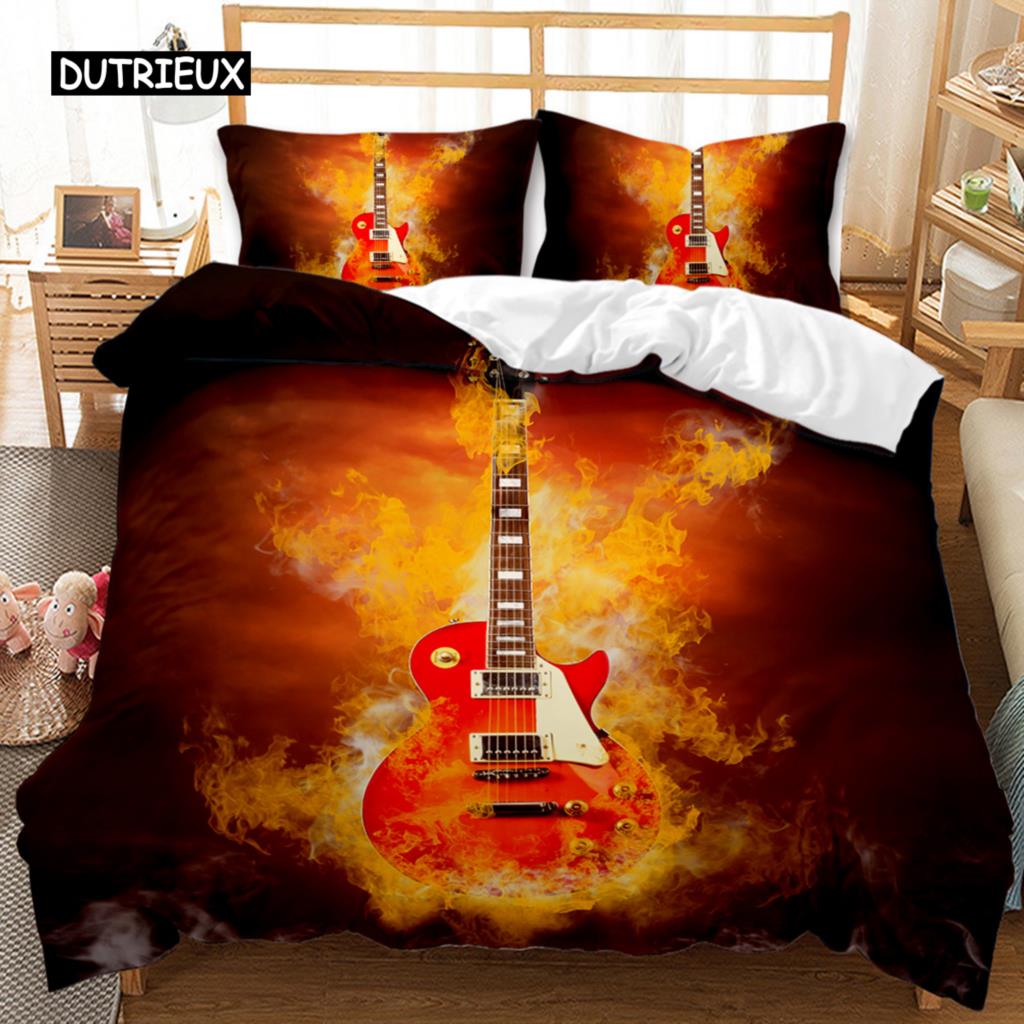 Für Teenager - Gitarren Bettwäsche-Set Einzelbett Rockmusik Deckenbezug-Set Hip Hop Hippie Tagesdecke Blau Gitarre Polyester Bettwäsche-Set