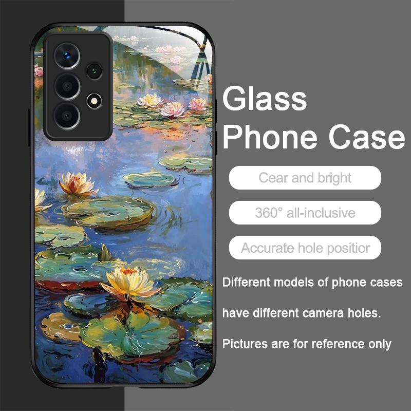 Retro Oil Painting Lotus Flower Pattern Tempered Glass Phone Case for Samsung Galaxy S26 S25 Ultra S24 S23 Plus S22 S21 FE Cover