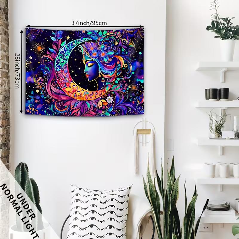 2D Vibrant Moon Goddess Tapestry, Floral Starry Night Wall Tapestry, Bohemian Aesthetic Home Decor