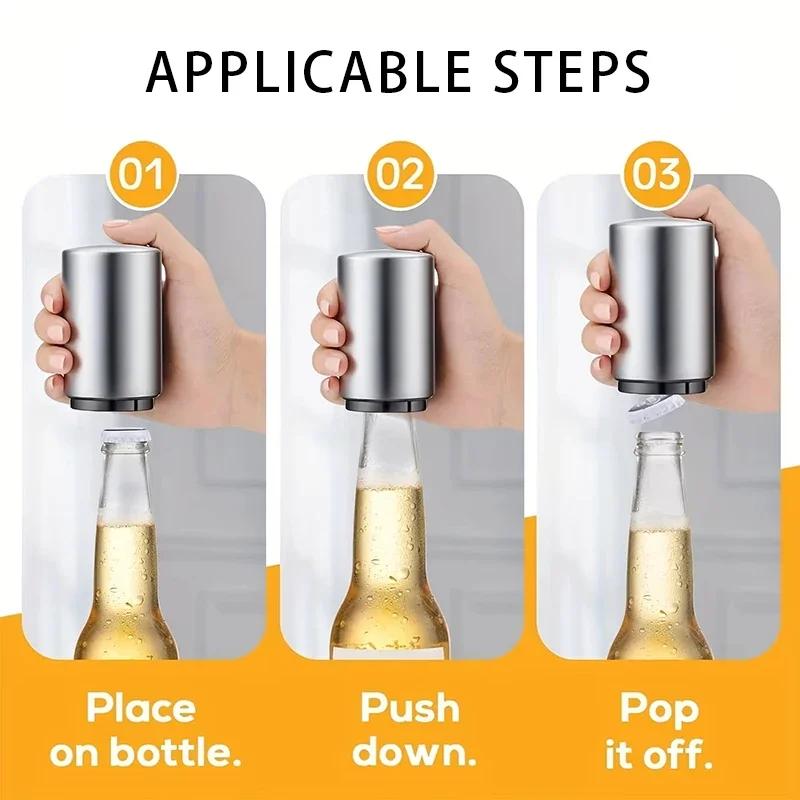 Magnetic Automatic Beer Bottle Can Opener Magnet Stainless Steel Push Down Opener Cool Kitchen Gadgets Accessories