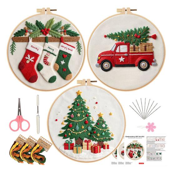 Christmas Cross Stitch Kit for Beginners Embroidery DIY Material Package with Hoops Colored Threads