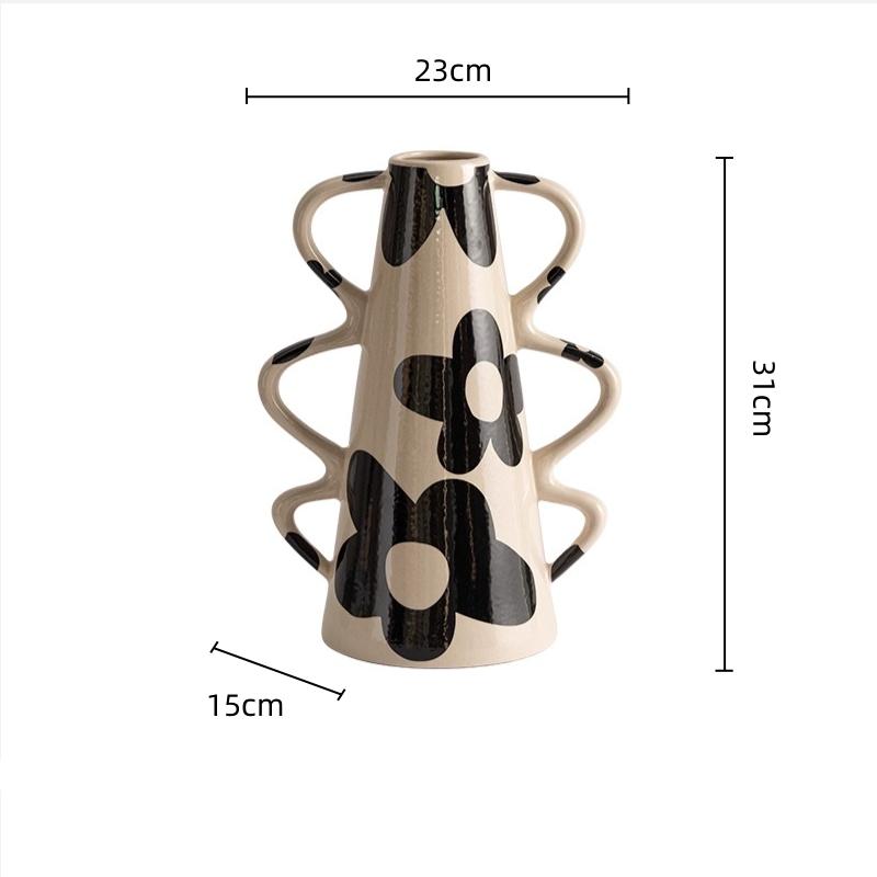 Ceramic Vase Geometric Check Pattern Flowerpot with Handle Flower Arrangement Accessories Terrarium Home Decoration