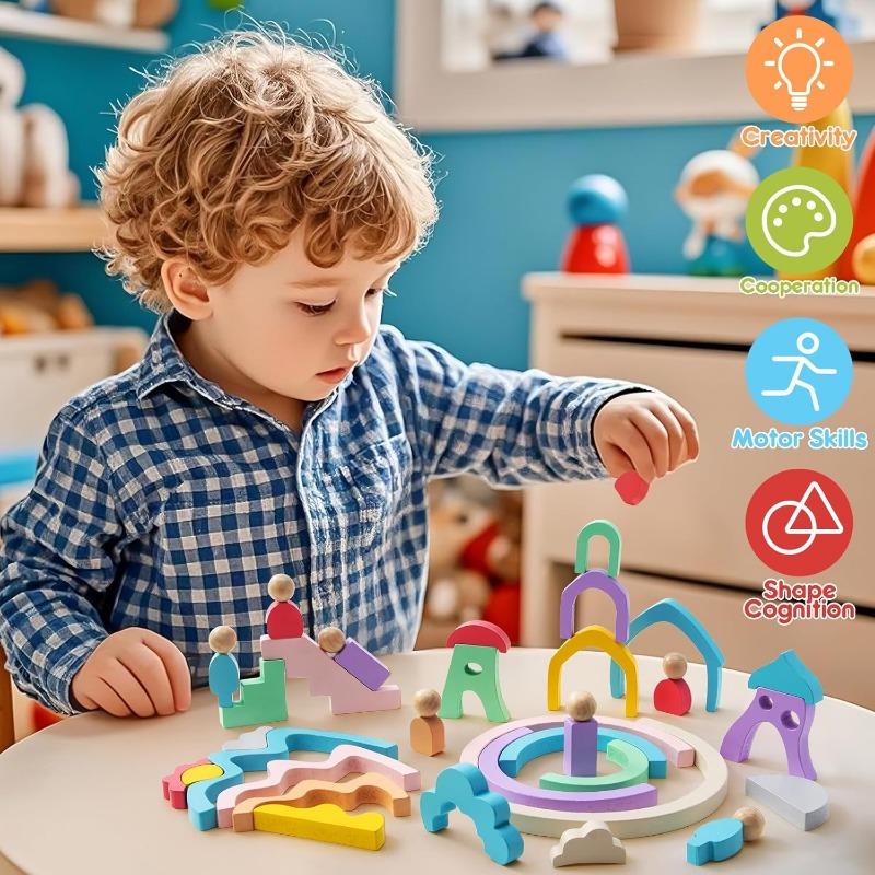 Wooden Rainbow Stacking Toys for Toddlers, 46 Pcs Stacking Building Blocks, Montessori Toys Birthday Gifts for Preschool Kids 3 4 5 Years Old