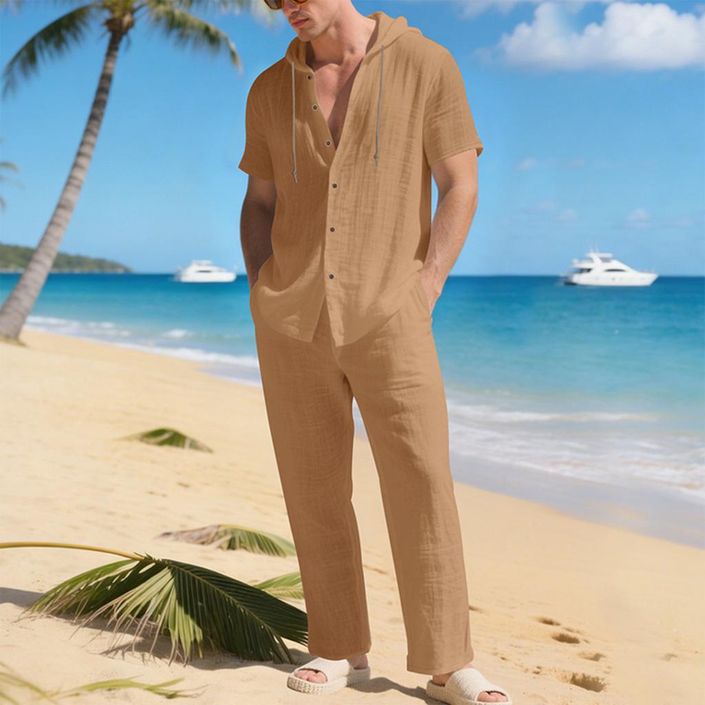 Men'S Color Casual Short Sleeved Pants Two,Piece Fashionable Set