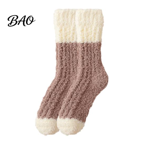 Long Plush Socks Thickened for Women, Warm Coral Fleece Socks, Lint Free Bed Winter Thermal Sleep Anti-static Contrast Color Indoor Cozy Hosiery Anti