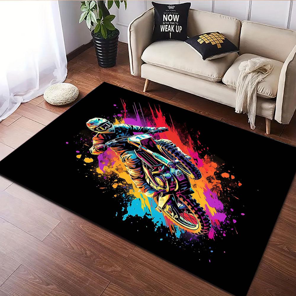 "Colorful Motocross Rider on Black" Patterned carpet, suitable as a non slip play mat for the living room and bedroom sofa