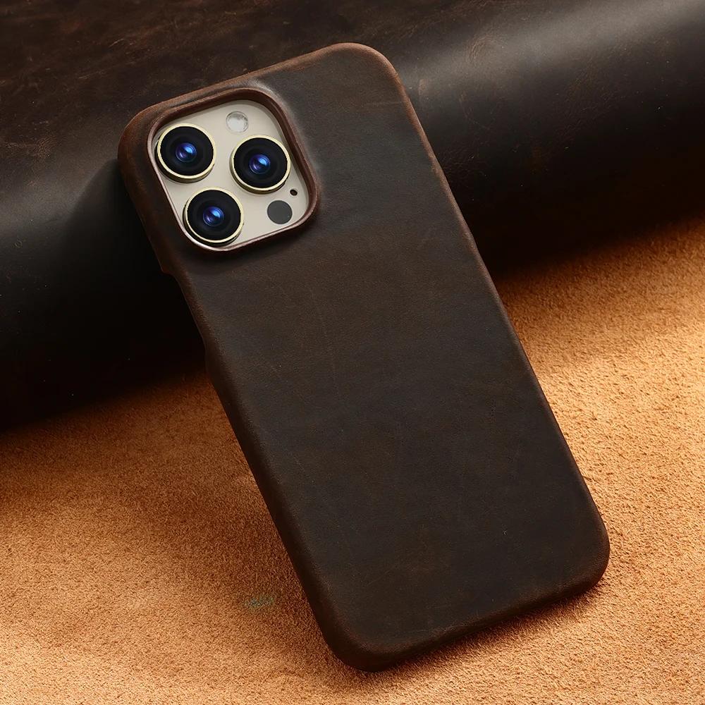 Pouzdro MagSafe pro iPhone 15 16 Pro Max 16Pro Retro luxusní celozrnná hovězí kůže z pravé olejované kůže s magnetickým natahováním