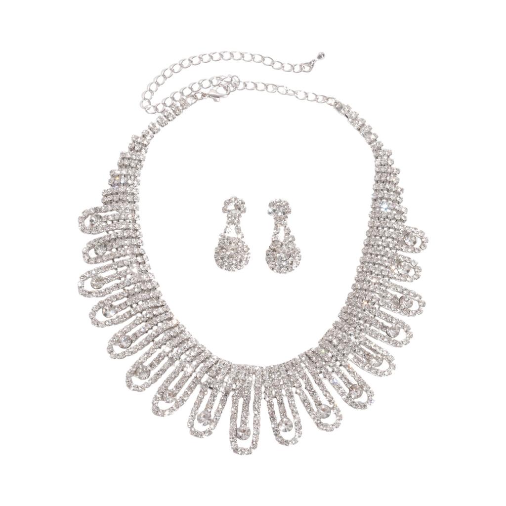 European and American Luxury Full Diamond Fringed Necklace Earrings Jewelry Set Heavy Industry High Sense Dinner Dress Temperament Jewelry