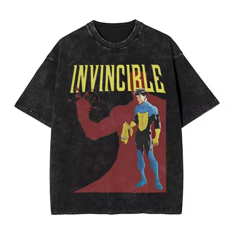 Summer Invincible Animation Mark Washed Vintage Tshirt Loose Fit Unisexs And Unisexs Trendy Printed Couple Short Sleeve Shirt