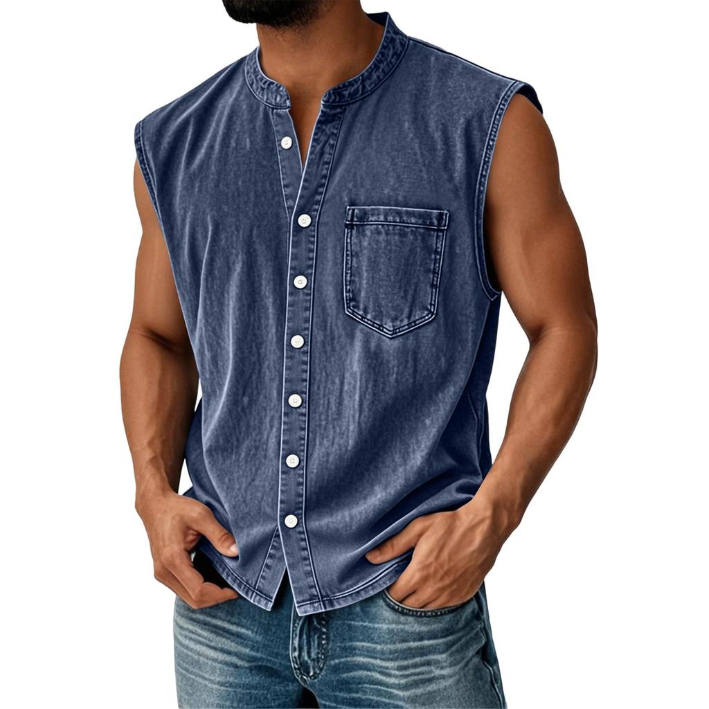 Men's Summer Fashion Distressed Denim Shirt. Men's Casual Sporty Sleeveless Button-down Vest.