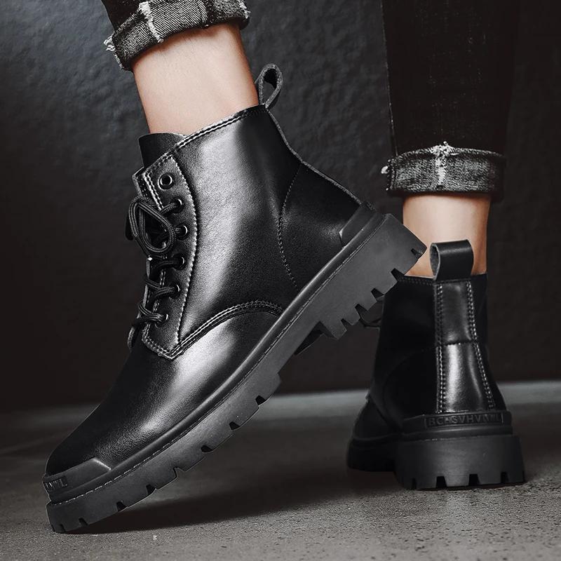 Fashion Lace-Up Men Winter Plush Snow Boots 2024 New All-match Male Boots Outdoor Men's Low Top Basic Shoes Leather Motorcycle Boots