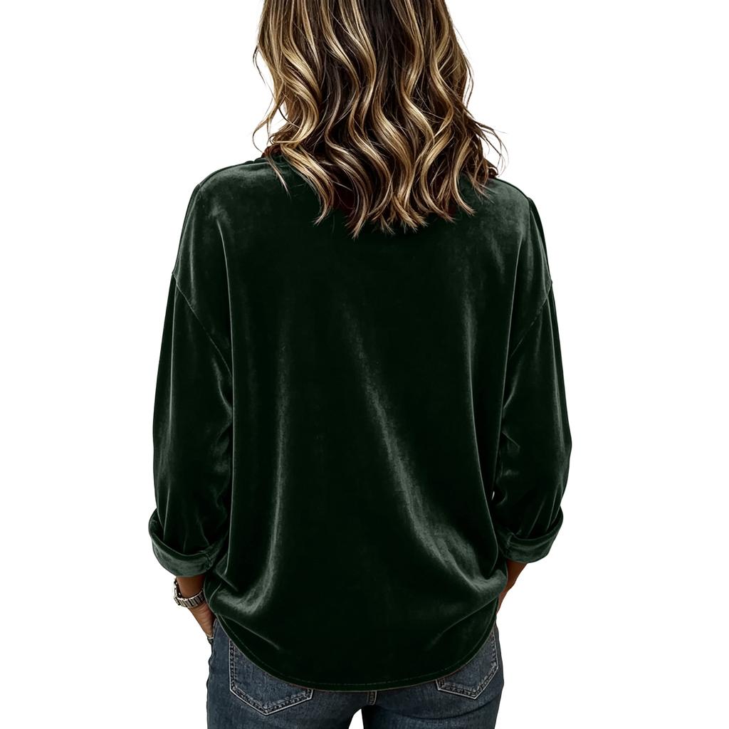 Women's Velvet Long Sleeve Color Top with Ruffle Trim Blouse for Casual Everyday Wear
