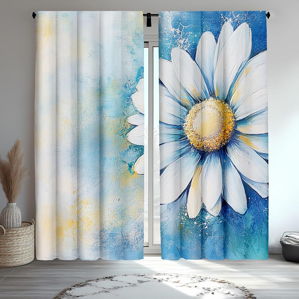 2pcs Classic Chamomile Oil Painting Polyester Curtains, Splash Background Pastoral Expression, Kitchen & Cafe Window Drapes, 2 P