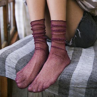Silberne Strümpfe Tüll Damen Ultra-Dünn Sexy Spitze Netz Fischgrätmuster Socken Transparent Dehnbar Elastizität Damen Coole Socken 1 Paar=S gray