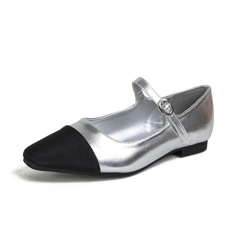 

Fashion silver leather patchwork women flats small square toe mary janes shoes woman ankle strap mocasines big size 43 tenis de mujer 40 серебряный