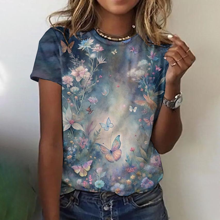 Floral Comfortable Stylish Simple Cartoon Short Sleeve T-Shirt Women's Digital Printing Slim Top