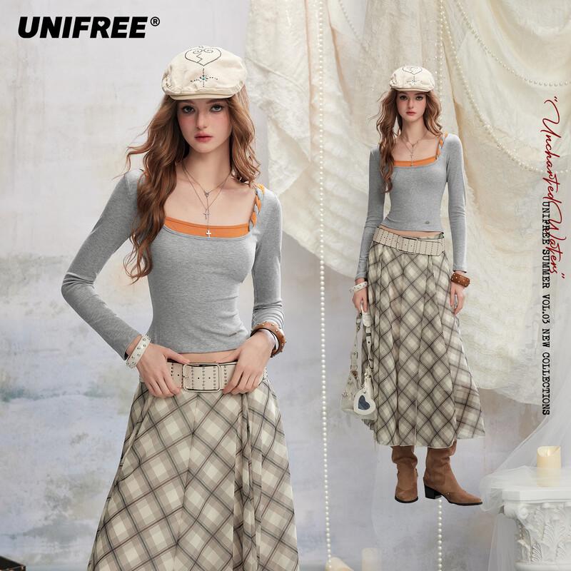 UNIFREE 2026 Spring Trendy Color-block Slim-fit U-neck T-shirt S