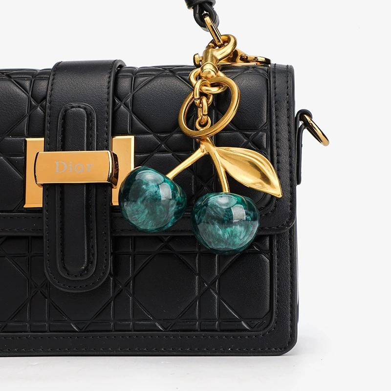 Cute Flowing Green Cherry Keychain Summer Fruits Cherries Pendant Keyring for Women Girls Jewelry Bag Accessories Gift