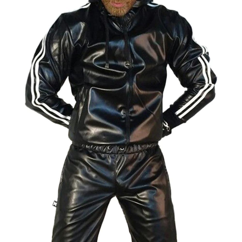 

Мужской костюм-худи из ПУ кожи, повседневная спортивная одежда с капюшоном, спортивный костюм для бега, спортивная одежда, мужской комплект, сочный спортивный костюм 5XL чёрный