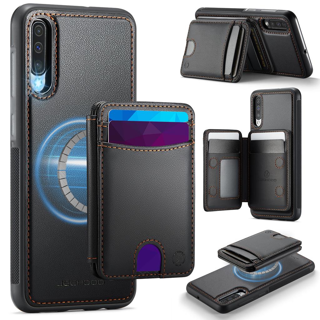 For Samsung Galaxy A50 Magnetic Case JEEHOOD J10 Leather Back Phone Cover with Detachable Card Holder Kickstand