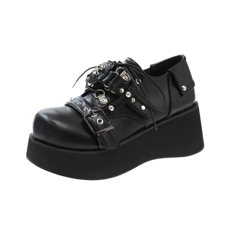 Women Thick-Soled Punk Dark Buckle Muffin Gothic Women'S Shoes Round Head Jk Small Leather Shoes
