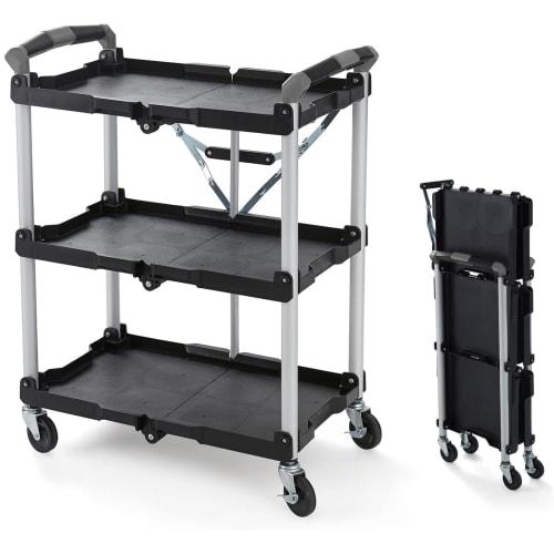 Yumcute Folding Tool Cart, 3 Tiers with Casters, 90kg Weight Capacity, Lightweight, Large Tool Cart, Kitchen Cart, Workbench, Cart, Rack, Cleaning Too