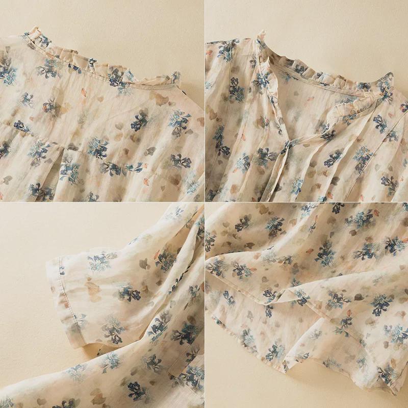 Sommerliches Ramie-Leinenhemd mit Blumenmuster und Ohrkragen