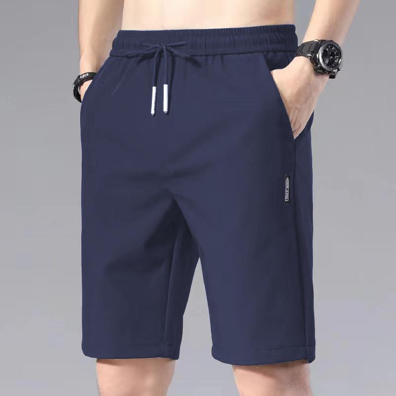Men Summer Casual Shorts Elastic Drawstring Waist Straight Wide Leg Shorts Pockets Design Ice Silk Solid Color Sport Shorts