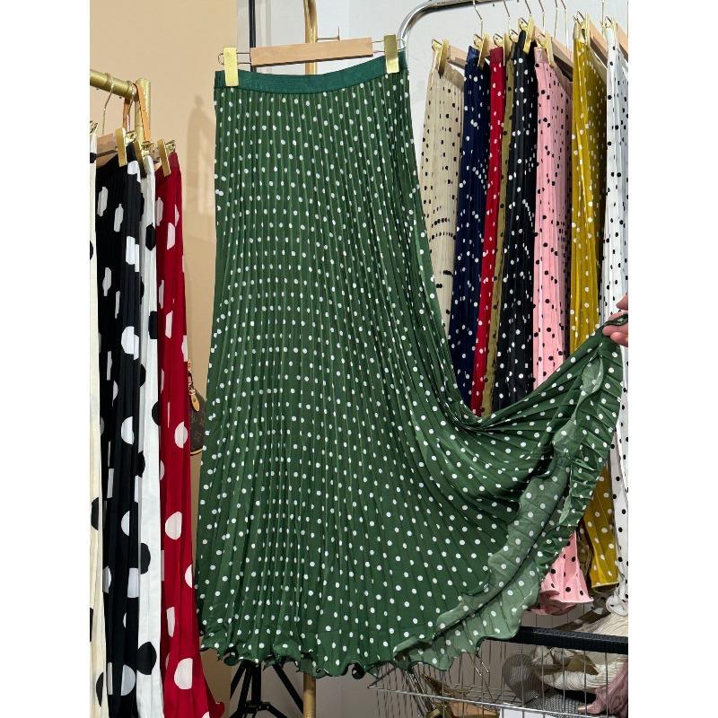 High Waist Polka Dot Long Skirt for Women Elegant Boho Beachwear Big Hem Ruffled Pleated Loose Fit  Style