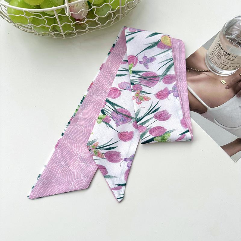 2025 Korean Fashion Flowers Pattern Women Twill Decorative Ribbon Small Scarf Binding Bag Handle Ribbon Hair Band Small Scarf